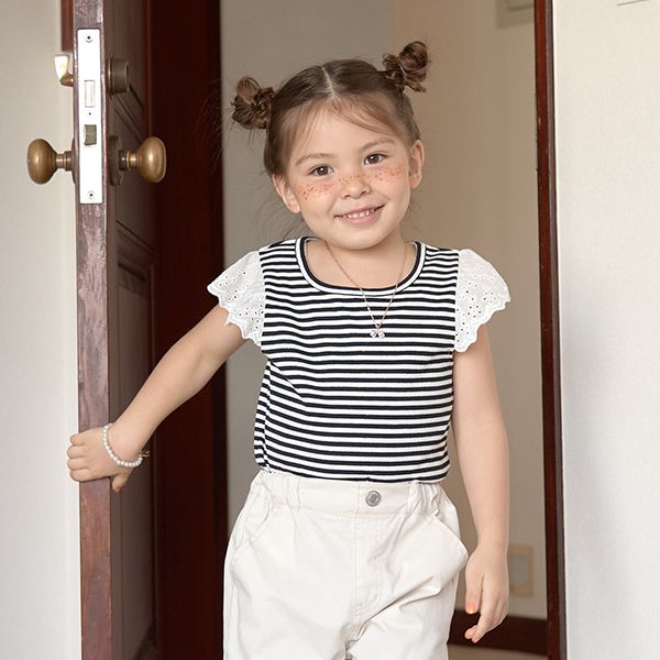 日本 Lycee mine - 羅紋俏皮蕾絲短袖上衣-黑