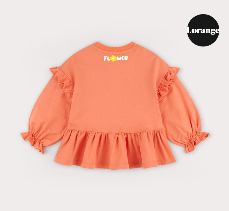 韓國 HEJMINI - 荷葉下擺小白花泡泡袖上衣-橘