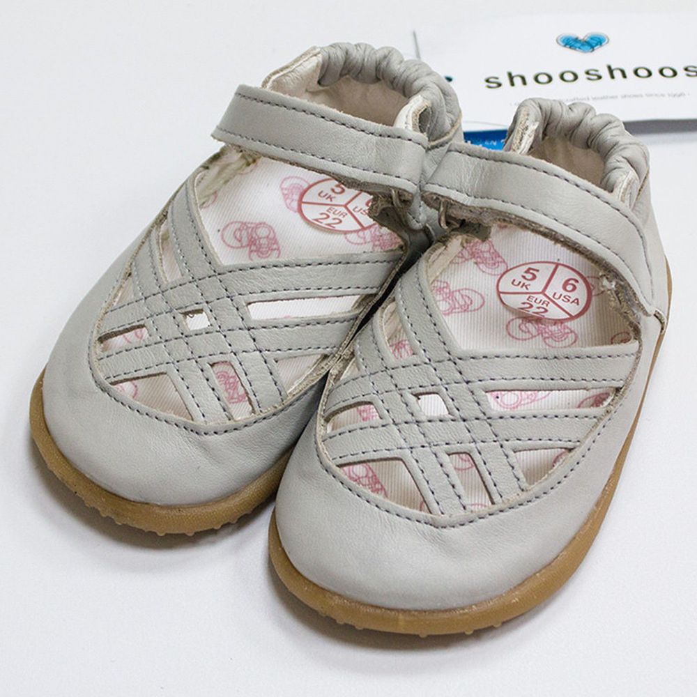 英國 shooshoos - 健康無毒真皮手工涼鞋/童鞋-優雅灰編織