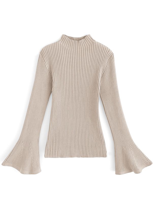 日本 GRL - 微喇叭袖彈性薄針織上衣-奶茶