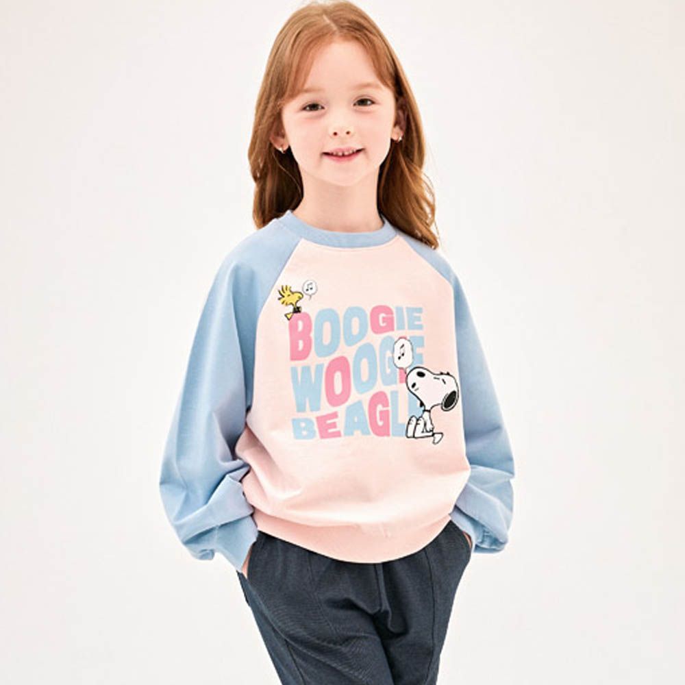 (聯名款)卡通人物史努比唱歌長袖大學T-淺粉X天藍