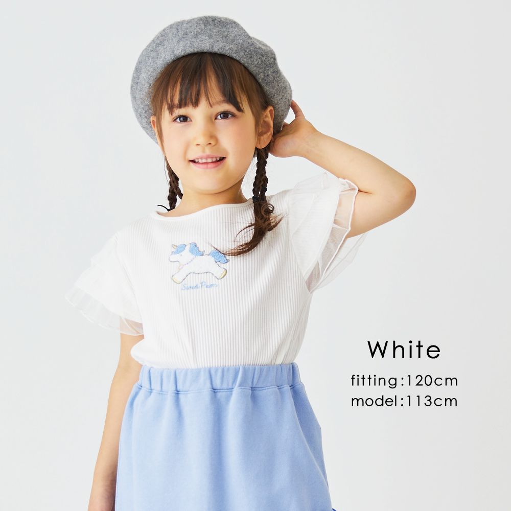 日本 evercloset - 柔軟羅紋獨角獸印花蕾絲袖上衣-粉紅