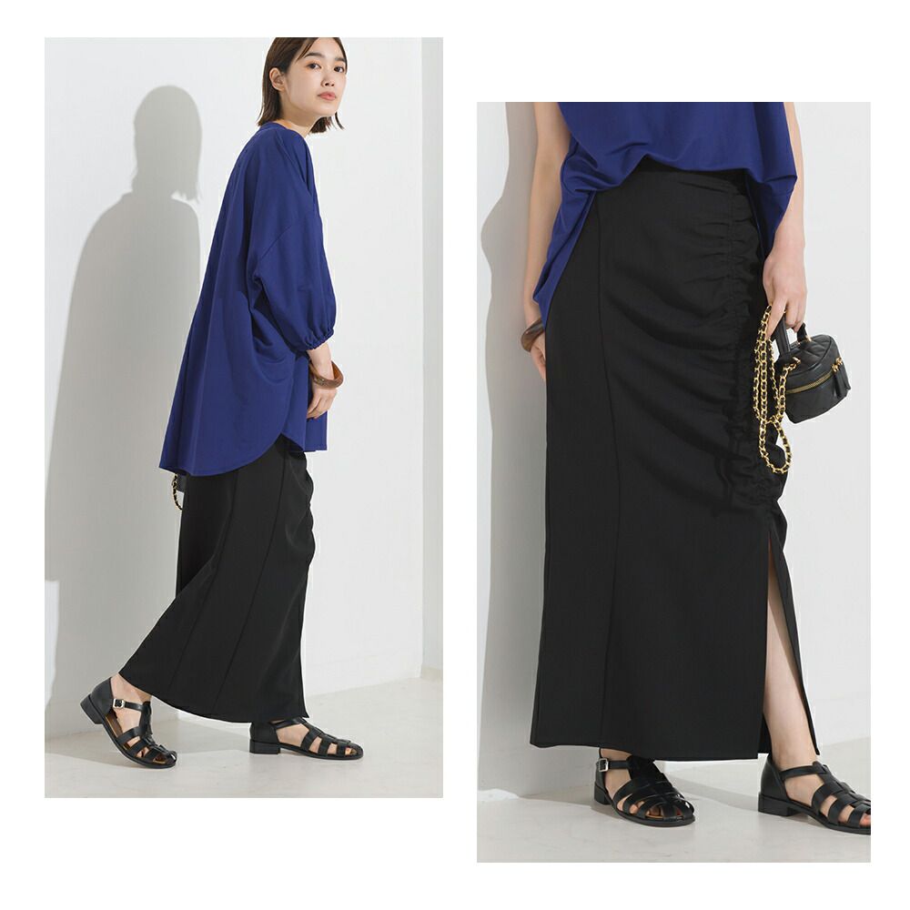 日本 OMNES - 優雅抽繩小開衩修身長裙-淺卡其