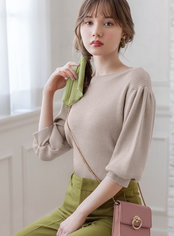 日本 GRL - 輕薄針織小澎袖五分袖上衣-杏