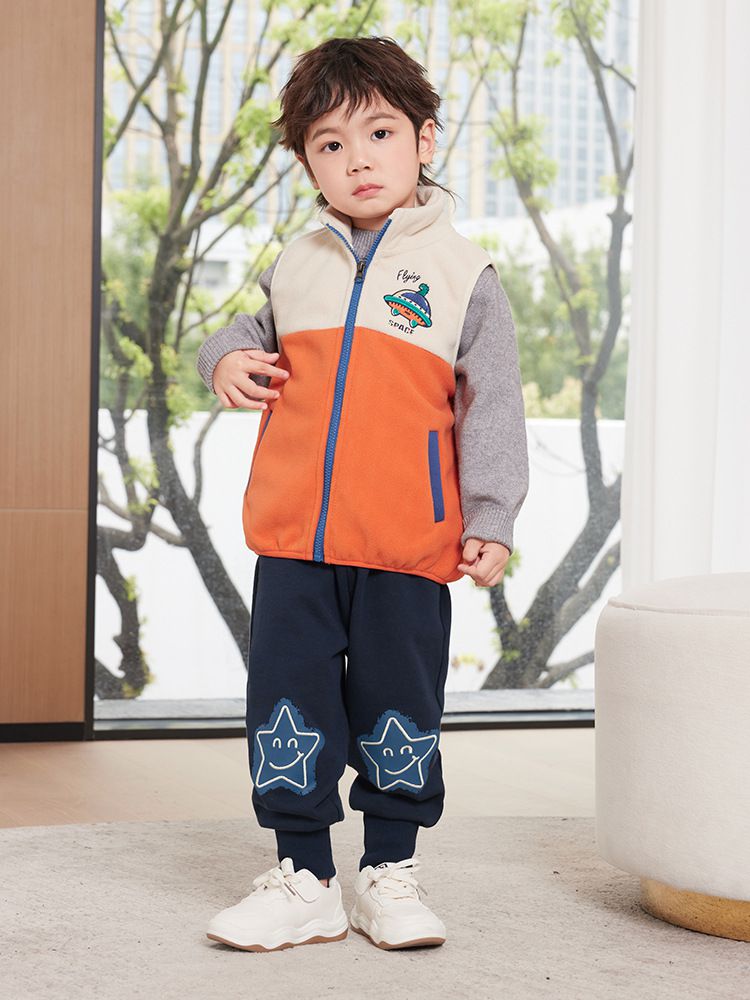 搖粒絨保暖兒童背心-外星飛碟-杏+橘
