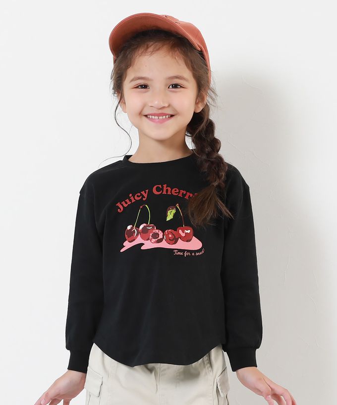 日本 devirock - 100%棉 女孩印花長袖上衣-貓咪線條-黑