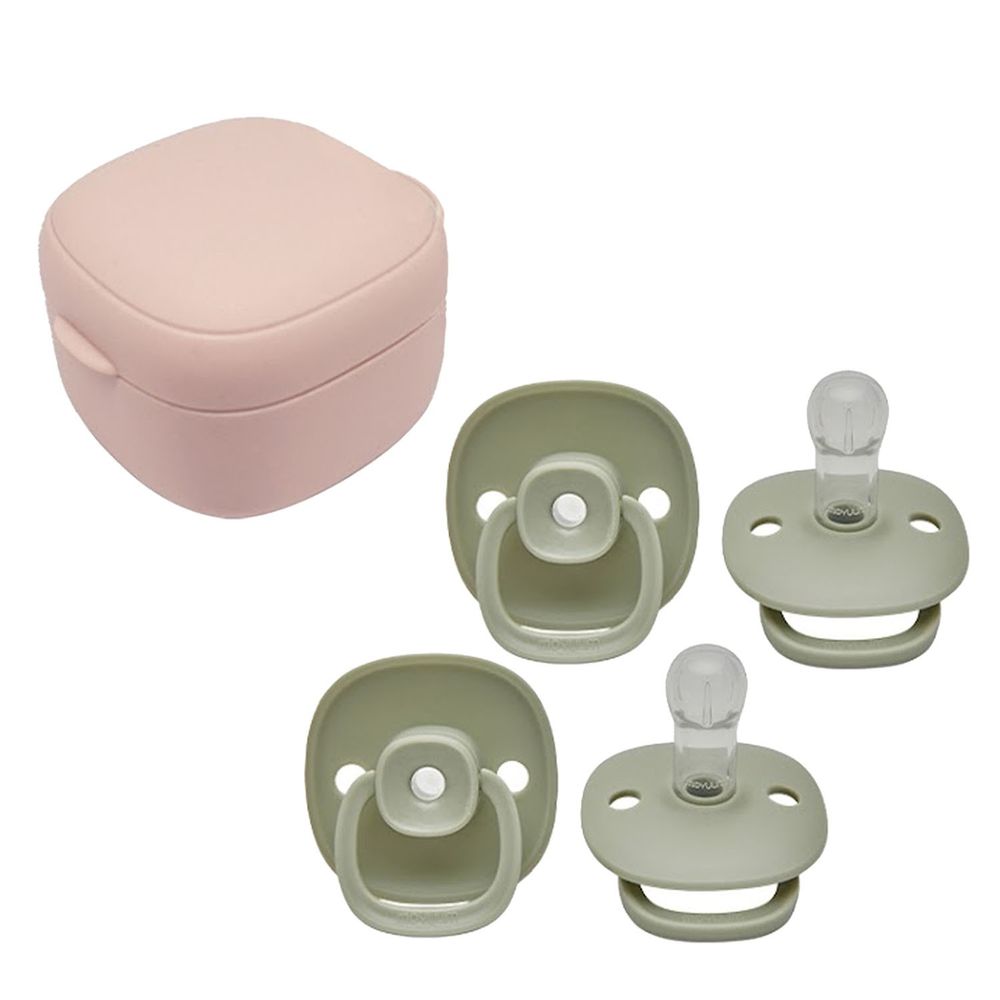 韓國 Moyuum - 辛奇奶嘴/奶嘴盒組合-(多功能矽膠收納盒 粉色+母乳實感辛奇奶嘴 (0-6M)-灰綠色+母乳實感辛奇奶嘴 (6M+)-灰綠