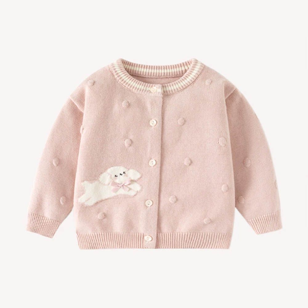 舒適圓領針織排釦外套-蝴蝶結小狗-粉色
