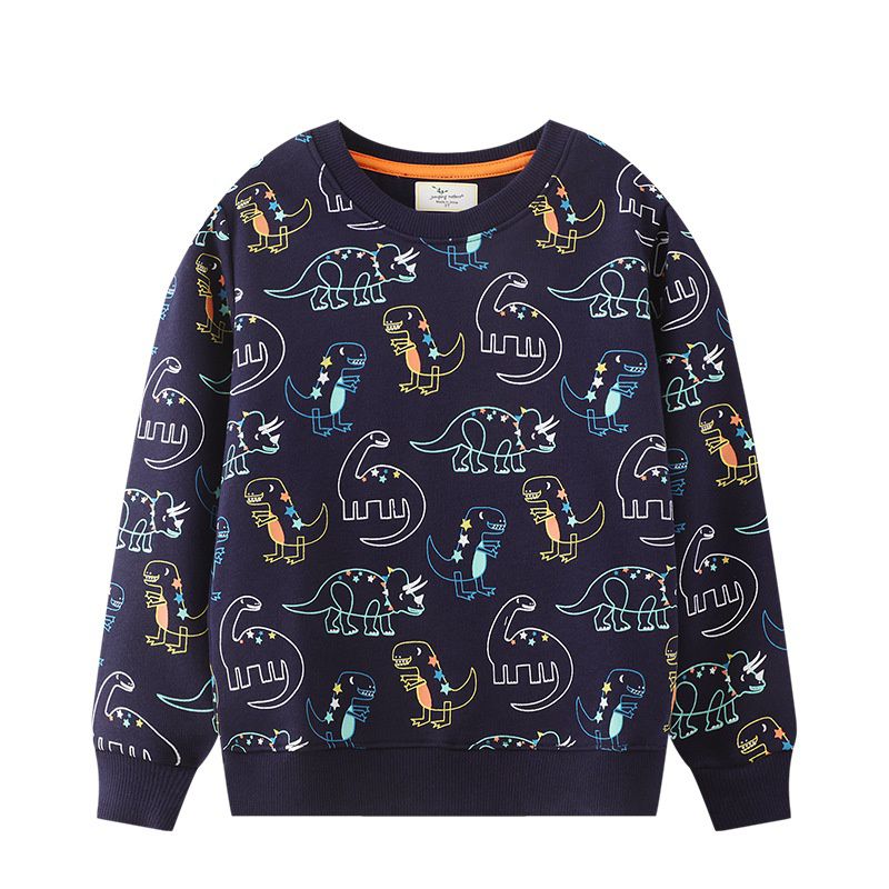 Jumping meters - 圓領棉質長袖上衣/大學T-滿滿繽紛恐龍-深藍色