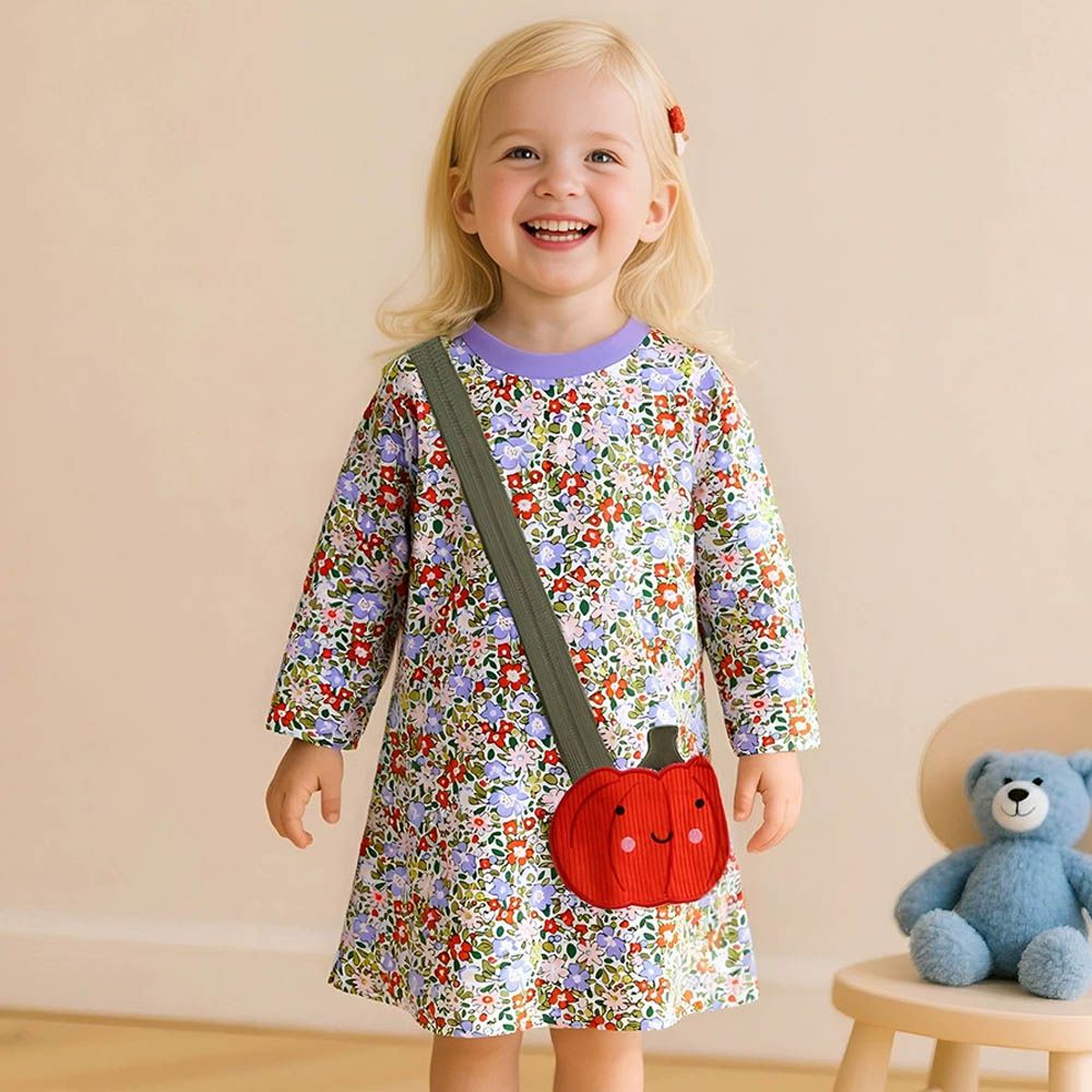 [萬聖節]純棉圓領長袖洋裝-背帶南瓜-滿版碎花