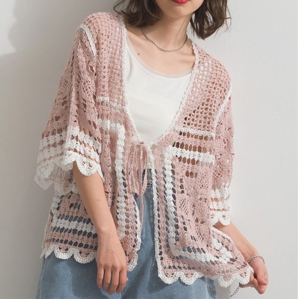 纖細扇形鉤針編織綁帶開襟衫-粉紅x白