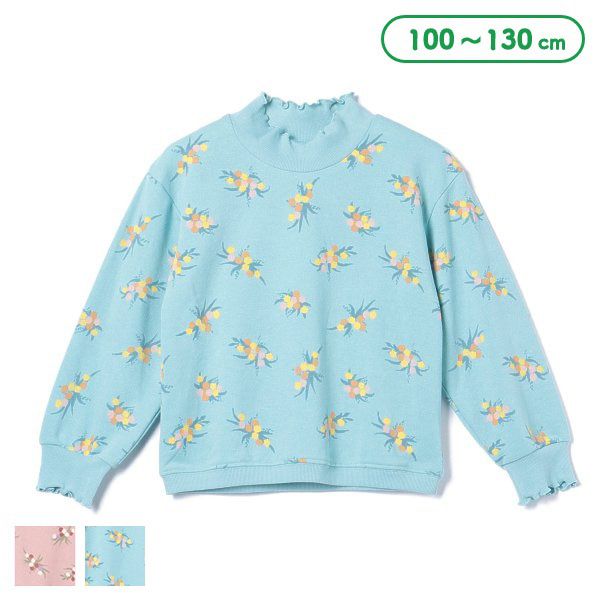 日本西松屋 - 裏毛圓領印花長袖上衣-優雅花束-淺粉