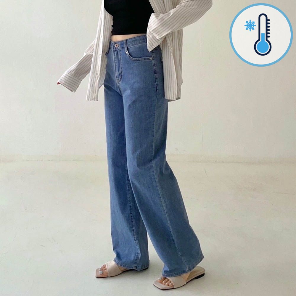 (涼感機能)鬆緊腰夏日輕丹寧直筒褲-中青