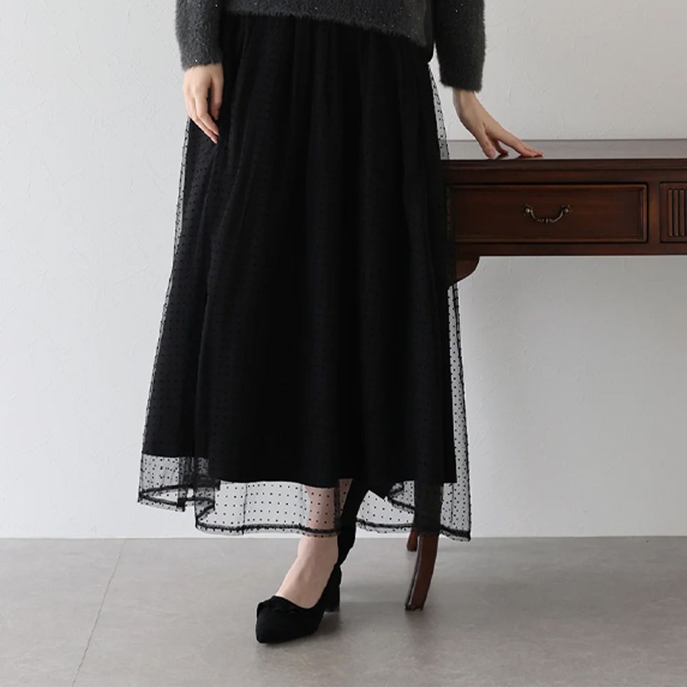 華麗雙層薄紗魅力長裙(可選長度)-水玉-黑