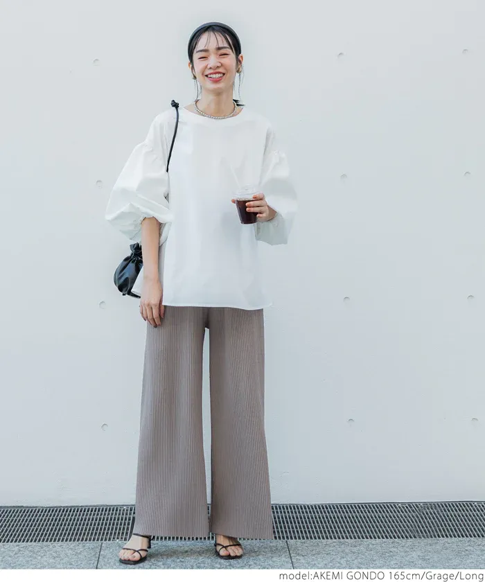 日本 COCA - [可剪裁] 速乾垂墜彈性風琴寬褲-淺灰棕