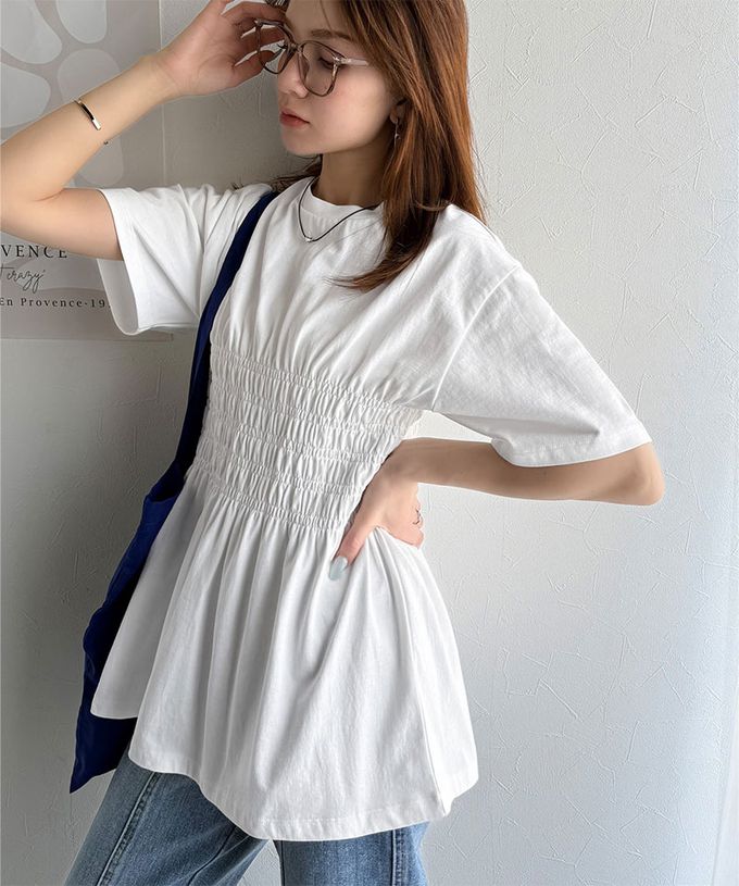 日本 Classical Elf - 魅力腰皺摺修身短袖上衣-黑