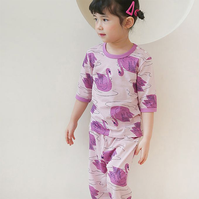 正韓 Puco - 超優質嬰幼兒/兒童七分袖100% 有機純棉家居服/睡衣-優雅天鵝