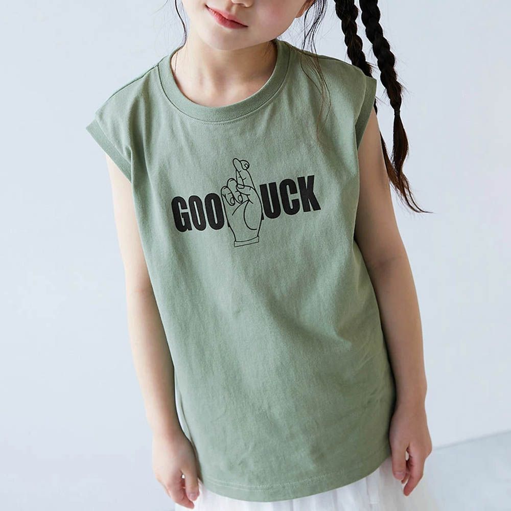 100%棉 定番印花寬版無袖上衣-GOOD LUCK-奶綠