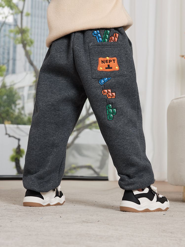 薄絨腰鬆緊休閒保暖束口長褲-俄羅斯方塊-深灰色