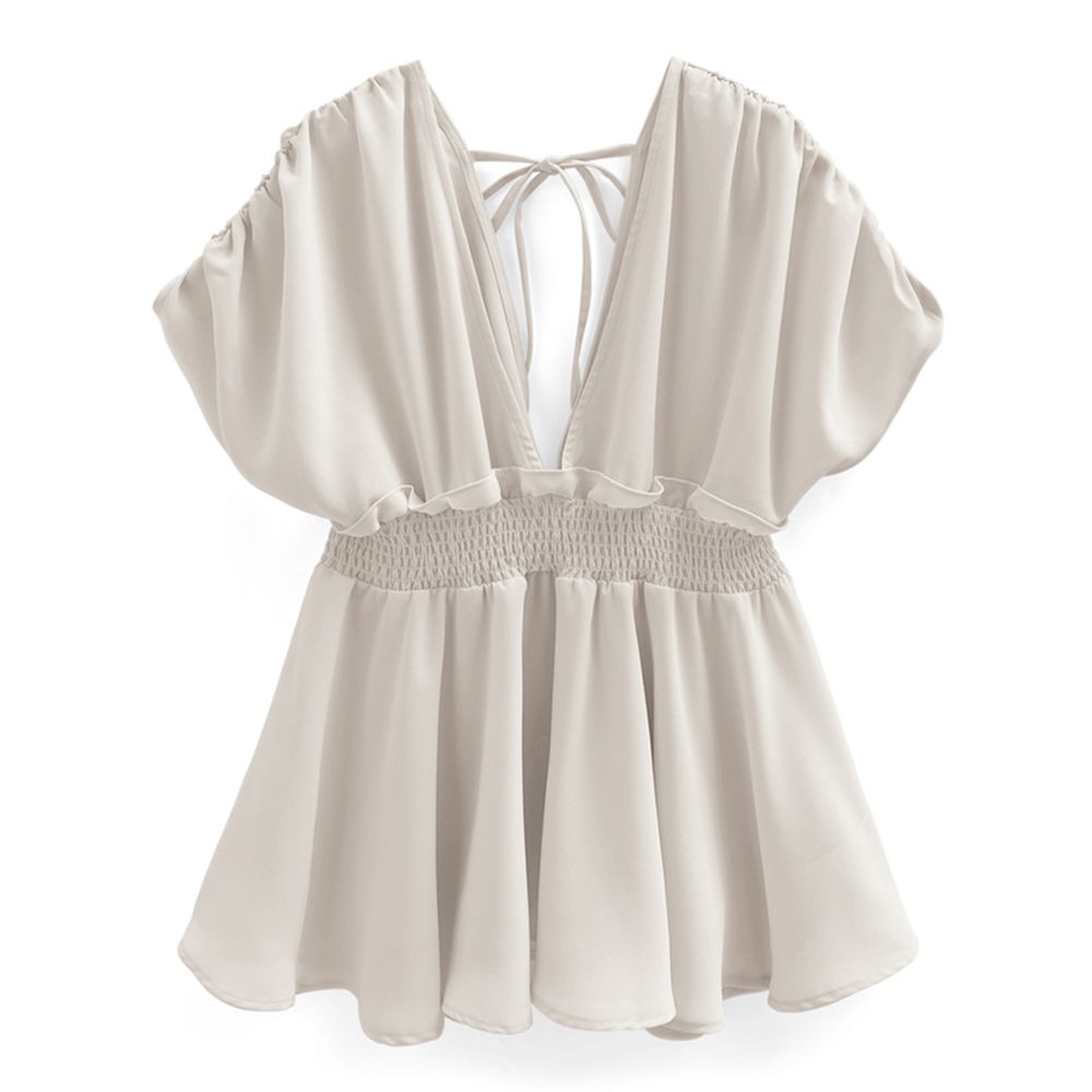 女神風大V領束腰短袖上衣-象牙米 (F)