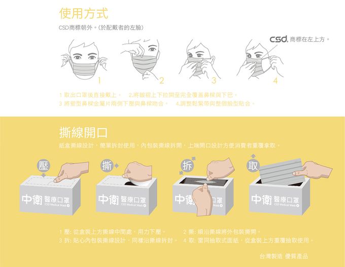 CSD中衛 - 醫療口罩-成人平面-海芋黃 (50片/盒)