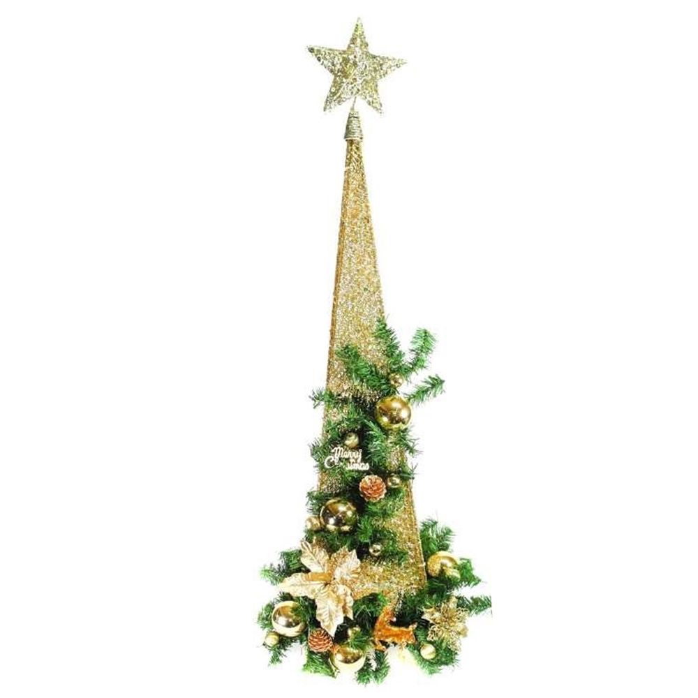 MODACore 摩達客 - 檳金色系聖誕裝飾四角樹塔聖誕樹+LED50燈插電式燈串暖白光(附贈IC控制器) (90CM)