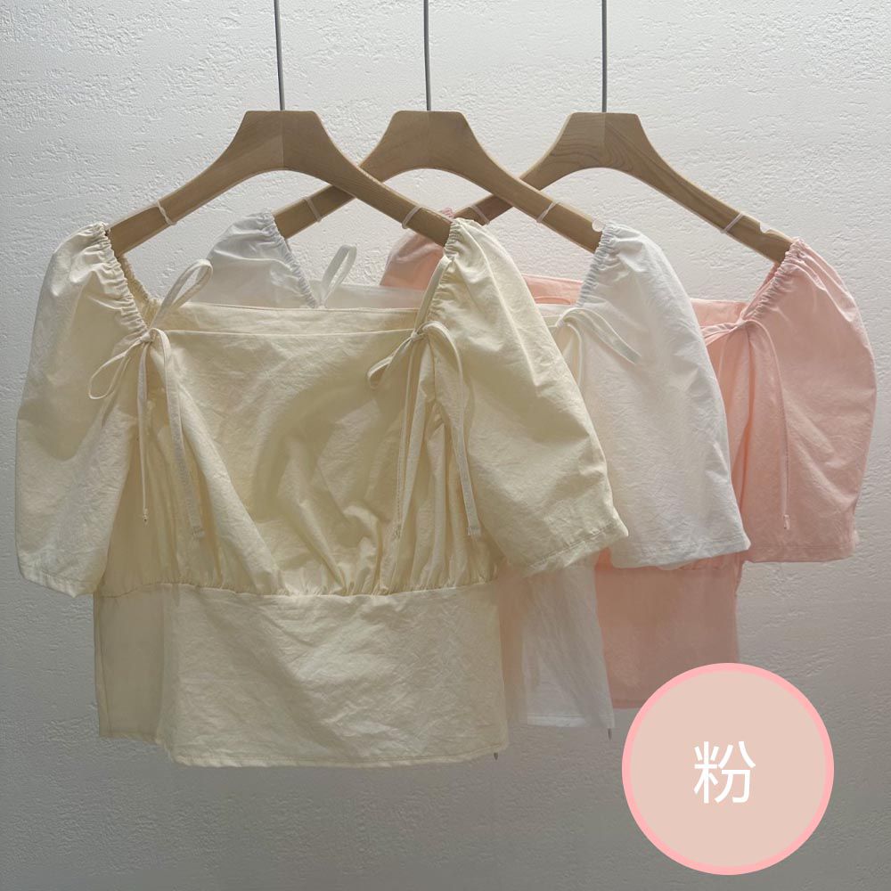 韓國女裝連線 - 甜心方領綁結公主袖襯衫-粉 (FREE)
