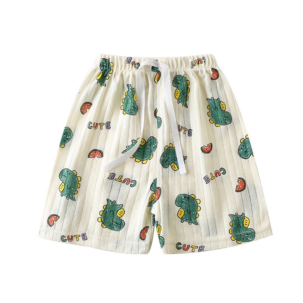 純棉短褲 兒童短褲 褲子可開檔換尿布-滿版-白底恐龍