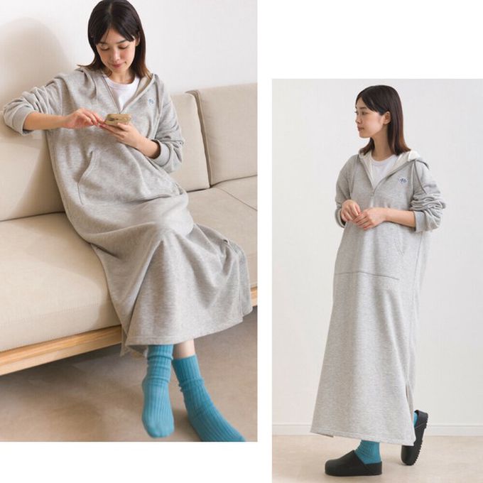 日本 OMNES - 休閒刺繡logo裏毛連帽長袖洋裝-深灰