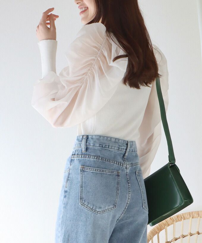 日本 BLUE EAST - 氣質薄紗抓皺長袖上衣-灰