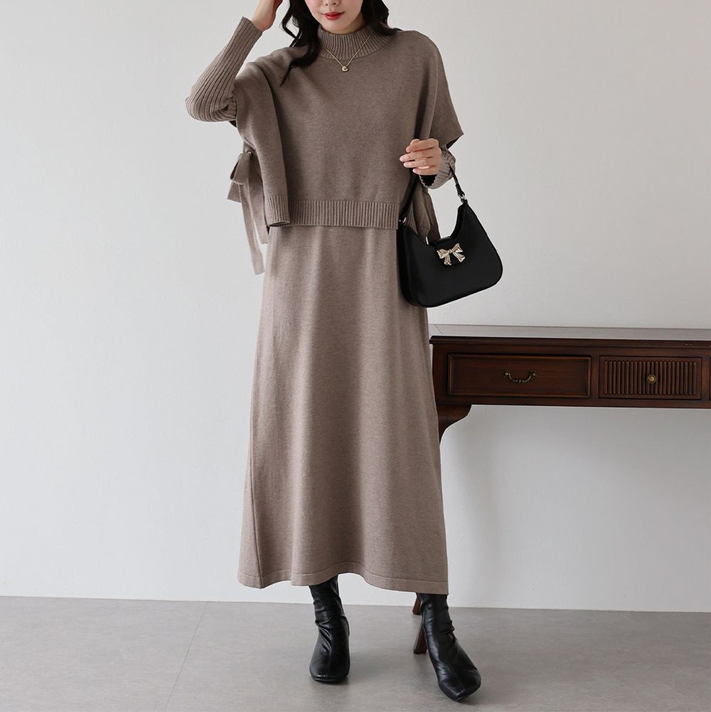 [經典款]氣質針織斗篷綁帶長袖洋裝2件組-灰棕
