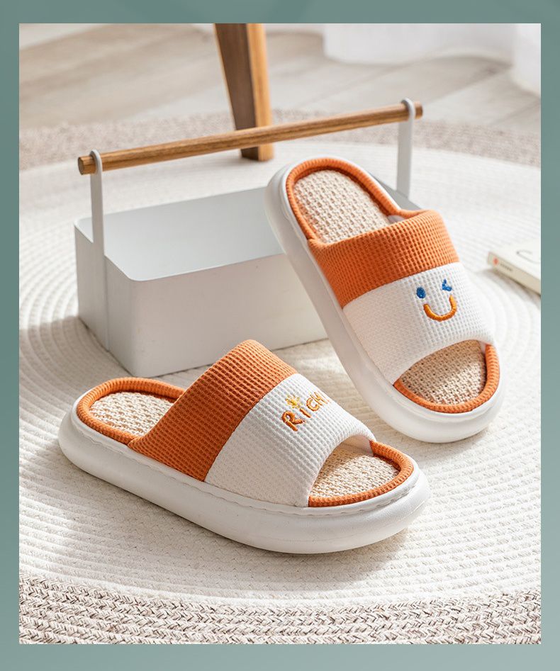 厚底海綿感亞麻室內拖鞋-眨眼微笑-灰色
