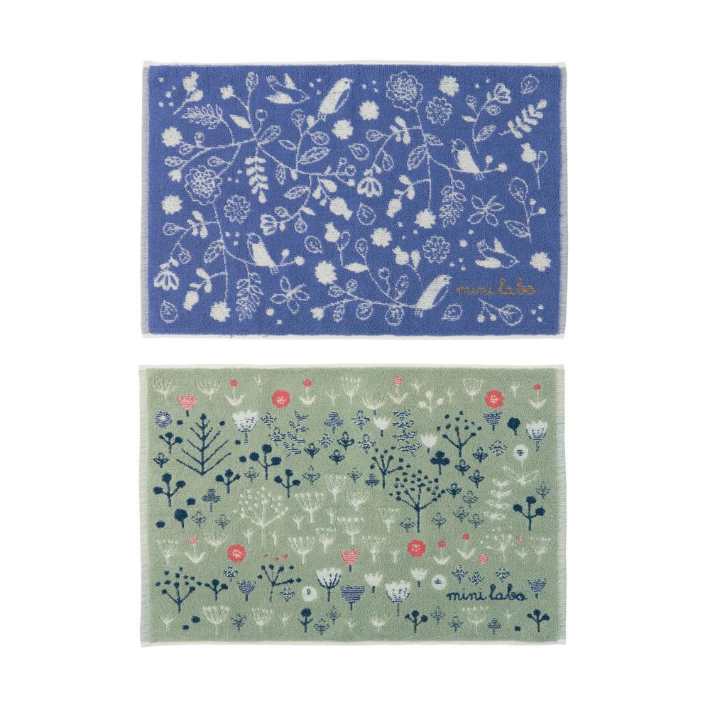 日本千趣會 - mini labo 毛巾純棉吸水腳踏墊兩入組(浴室/玄關)-花花世界-深藍X墨綠 (45x70cm)