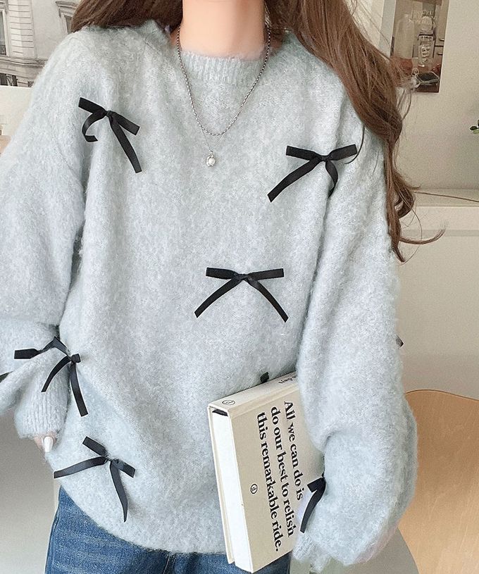 日本 Classical Elf - 甜美滿點 毛海蝴蝶結浪漫毛衣-白