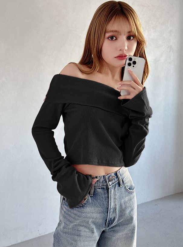 日本 GRL - 平口羅紋彈性長袖上衣-卡其米