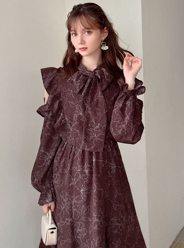 日本 GRL - 優美公主蝴蝶結糖果袖洋裝-深可可