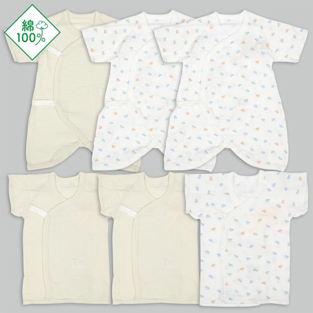 新生兒內衣6件組 按扣-短袖、七分袖 汽車-綠色 (50~60cm)