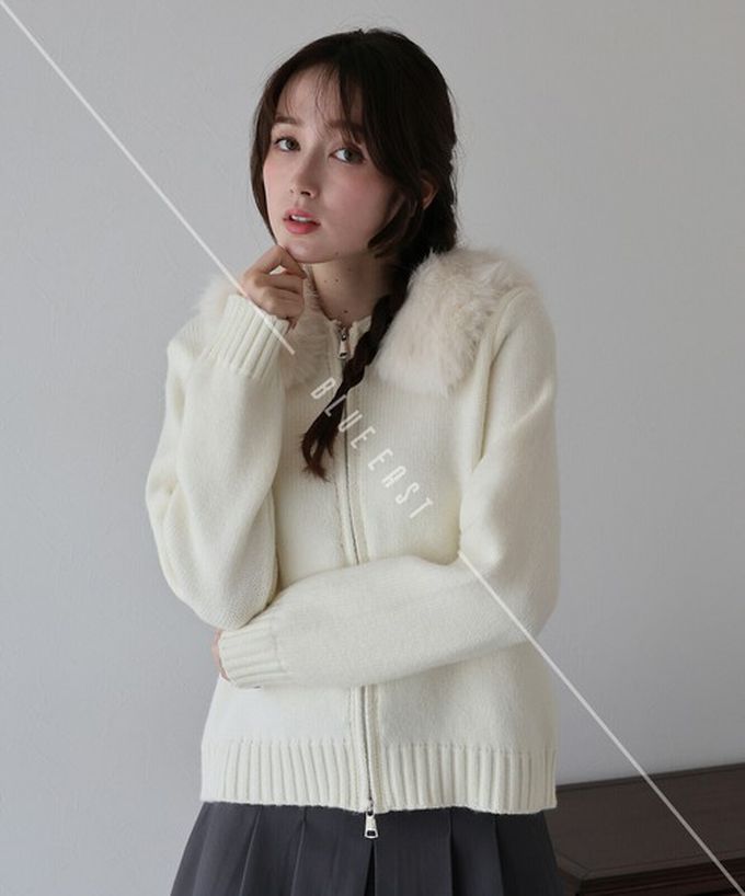 日本 BLUE EAST - 澎澎可愛毛絨帽雙拉鍊針織外套-黑