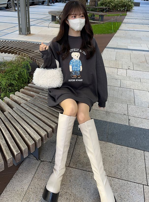 日本 GRL - 泰迪熊裏起毛長版休閒上衣-炭灰 (F)