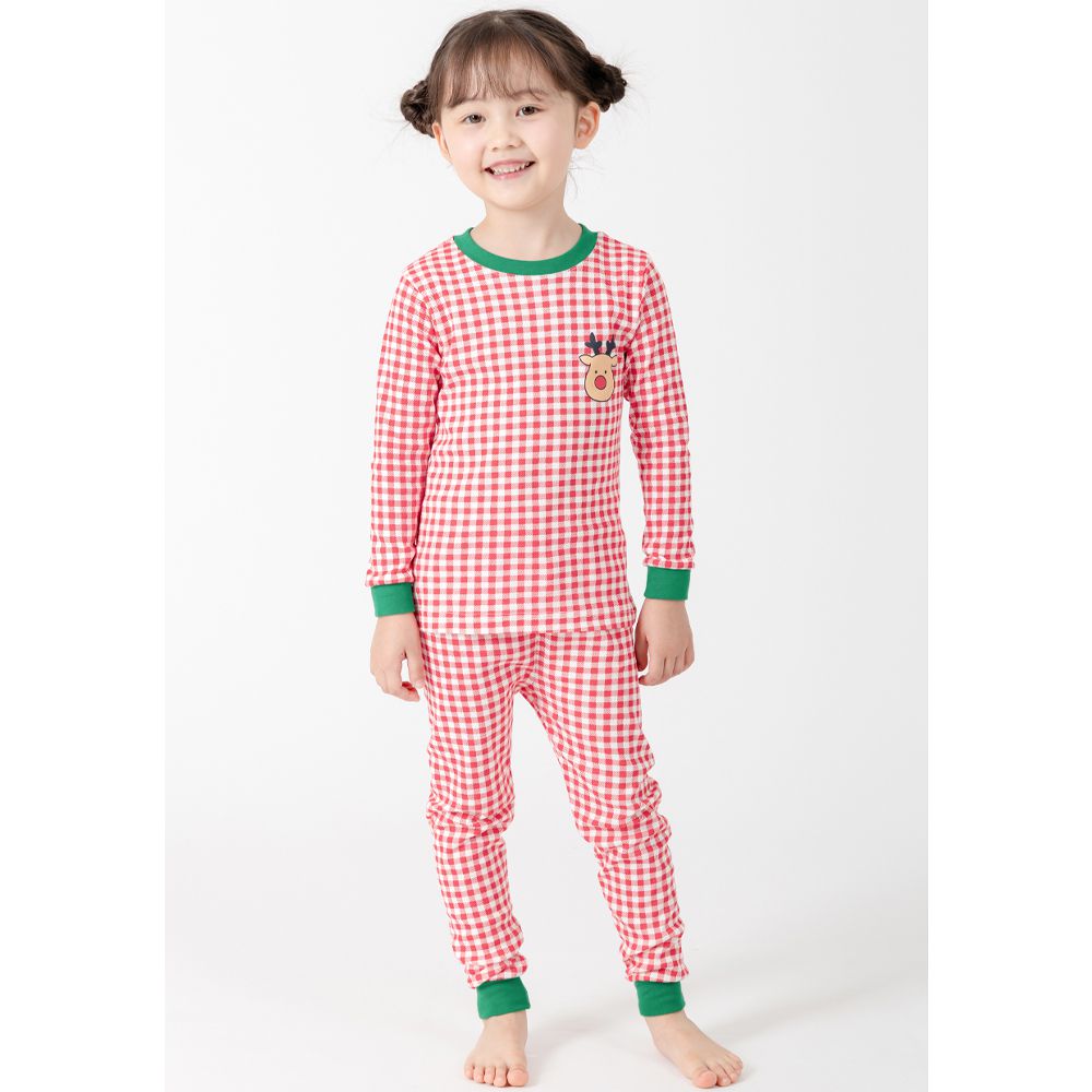 韓製30支純棉柔軟長袖家居服-格紋馴鹿-紅