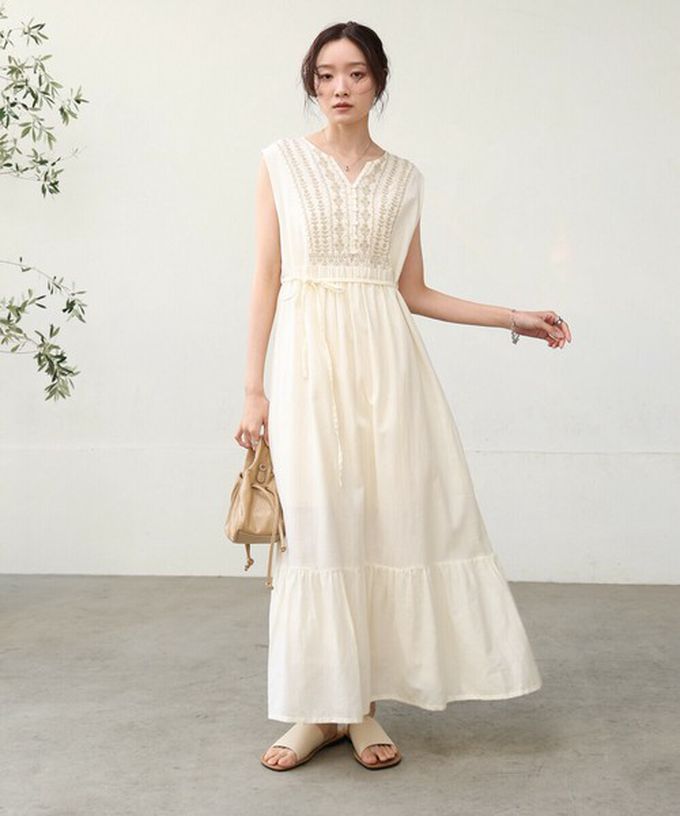 日本 Bab - 100%印度棉刺繡腰綁帶無袖洋裝-煙燻藍