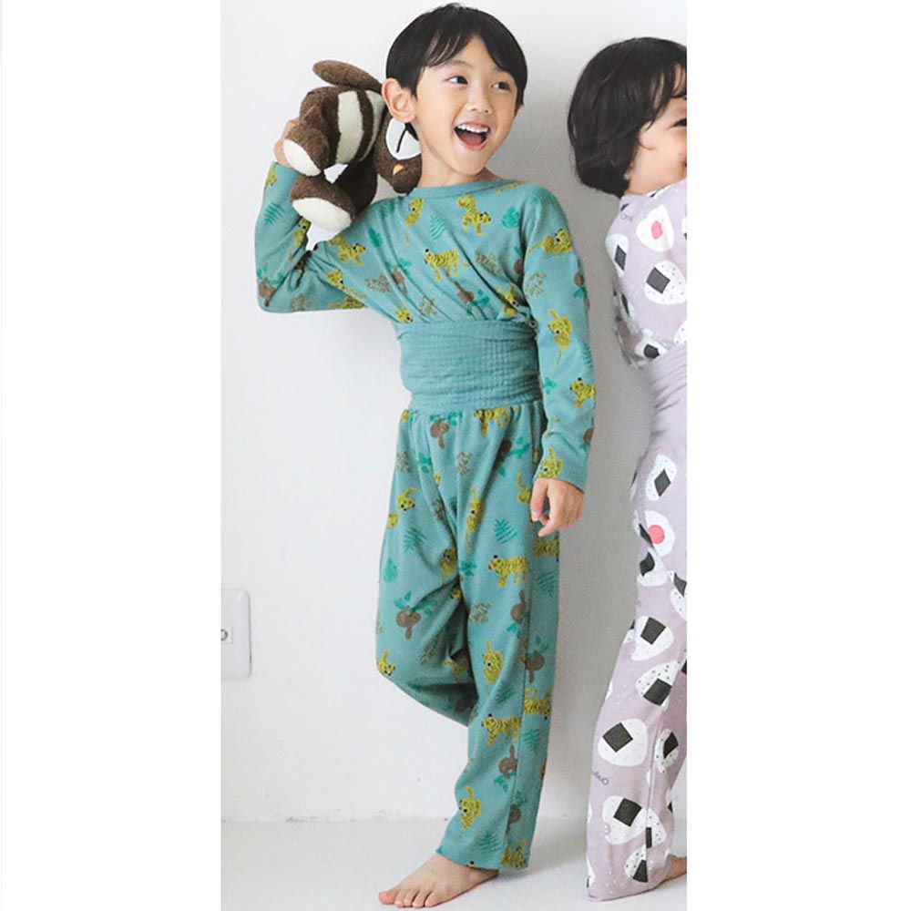 日本 ZOOLAND - 舒適保暖腹卷長袖睡衣/家居服-老虎與樹懶-綠