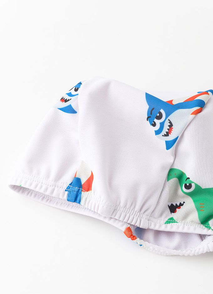 韓國 OZKIZ - 泳圈鯊魚印長袖泳裝/泳帽Set-白灰X藍