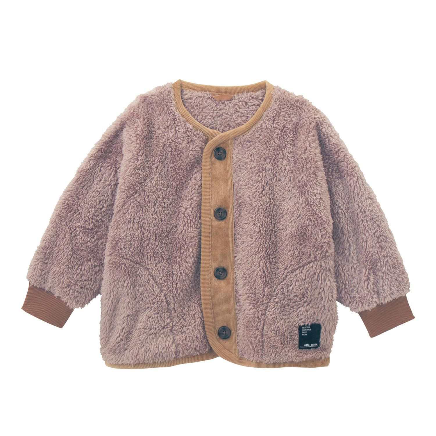 日本千趣會 - 燈芯絨拼接泰迪熊保暖外套-撞色-灰粉x卡其