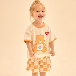 韓國 Care Bears - 聯名款甜點熊棋盤格短褲套裝-米X橘