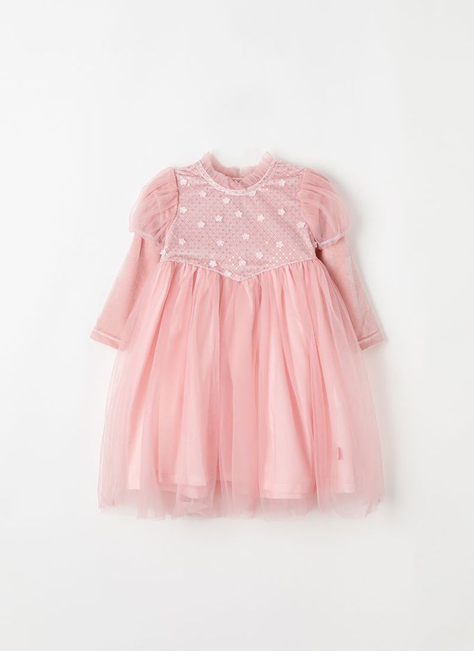 韓國 OZKIZ - 花朵亮片點綴網紗公主袖洋裝-粉
