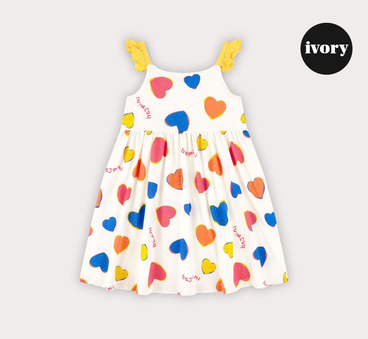 韓國 HEJMINI - 多彩愛心荷葉背心洋裝-象牙白