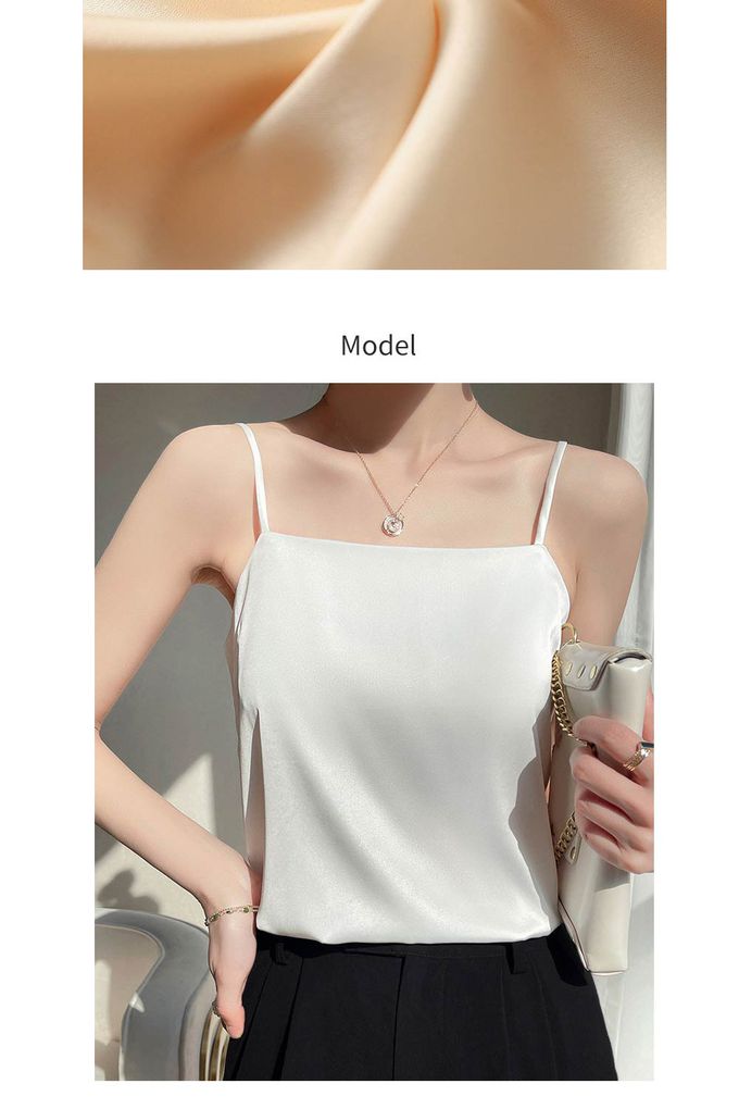 香茉 CHANMODE - 冰絲綢緞雪紡爽滑冰肌緞面吊帶文胸一體式結構平口吊背心(無罩杯)-黑色