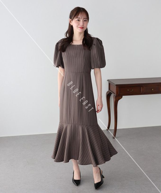 日本 BLUE EAST - 優雅方領後綁帶泡泡袖魚尾洋裝-波點-咖啡 (M)