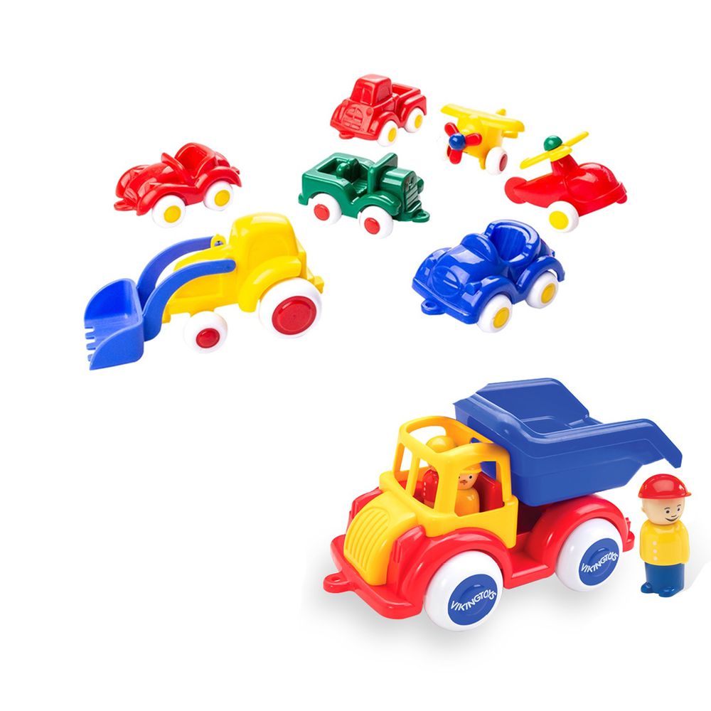 瑞典Viking toys - 【超值組】Jumbo28cm運砂車(含2隻人偶)+7cm迷你交通小車隊(7件組)